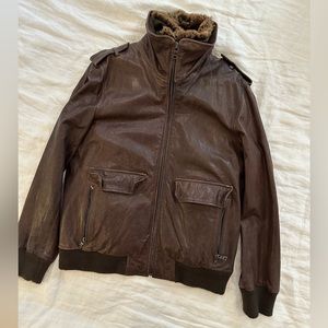 SAM. Brown Leather Bomber with Detachable Rabbit Fur Vest, size Small
